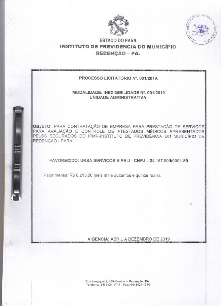 Leia mais sobre o artigo Licitação 001/2019 – PARA CONTRATAÇÃO DE EMPRESA PARA PRESTAÇÃO DE SERVIÇOS PARA AVALIAÇÃO E CONTROLE DE ATESTADOS MÉDICOS APRESENTADOS PELOS SEGURADOS DO IPMR-INSTITUTO DE PREVIDÊNCIA DO MUNICÍPIO DE REDENÇÃO – PARÁ